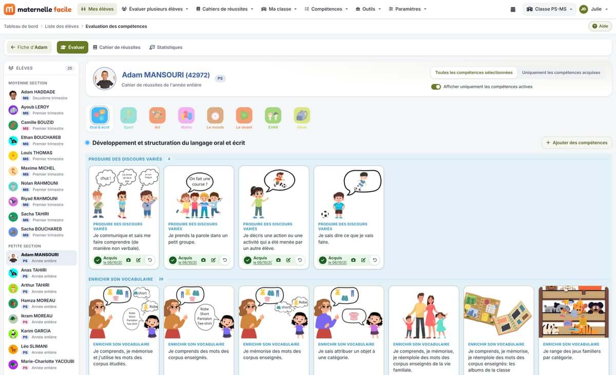 Écran d'évaluation d'un élève : compétences illustrées classées par domaine, avec la liste des élèves à gauche